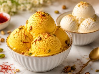 طرز تهیه بستنی سنتی زعفرانی خانگی به ۲ روش؛ با ثعلب و بدون آن